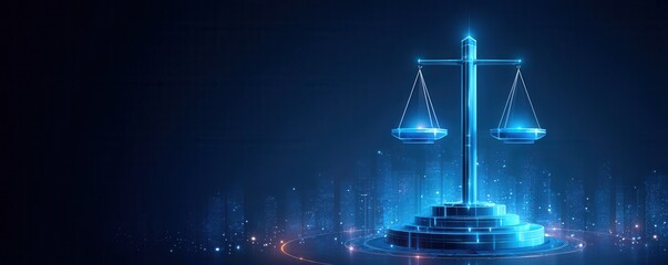 AI Regulation Concept. A glowing digital scale of justice symbolizing law and balance, set against a futuristic cityscape with neon blue tones.