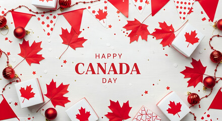 Happy Canada Day Celebration Flat Lay with Maple Leaves and Patriotic Decorations for National Holiday