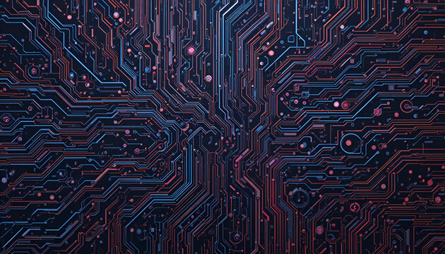 An intricate computer motherboard design displaying a complex network of electronic circuitry in red and blue hues against a dark backdrop.