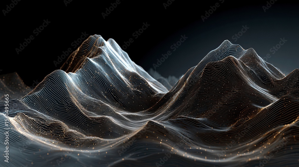 Poster abstract 3d rendering of digital mountains, with light lines forming intricate patterns on the peaks