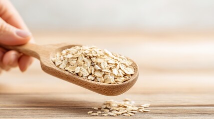 Close-up of wooden spoon filled with raw oats grains for healthy breakfast.