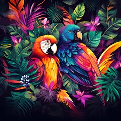 Fototapeta premium Neon Jungle: Neon-colored jungle leaves and animals for a vibrant look