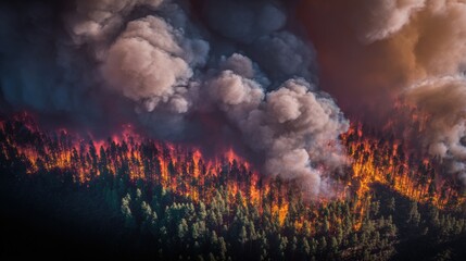 A vast forest fire spreading rapidly with thick dark smoke and intense flames.