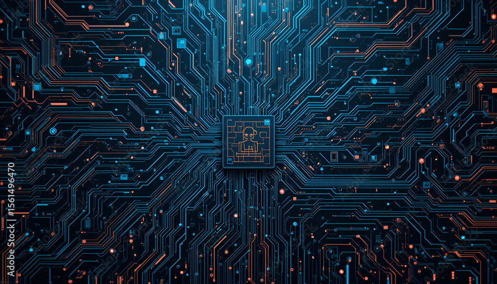 Fototapete futuristic circuitry art displays a complex network with glowing nodes, evoking themes of artificial