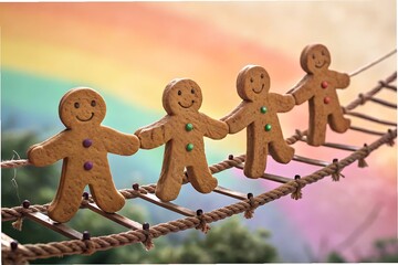 Gingerbread people crossing rope bridge gingerbread cookies holding hands