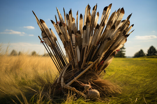 "Quiver full of feathered arrows with bow on grass