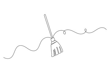 Continuous one line broom drawing minimalist vector outline design isolated on white background
