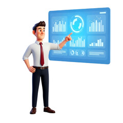 Fototapeta premium 3D Cartoon Businessman Presenting Business Analytics Data on Screen