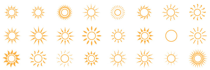 Sun icon set in yellow color on white background. Sun simple icons collection. Yellow sun icon set, sunshine and solar glow, sunrise or sunset. eps 10 