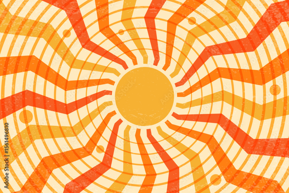 Poster retro sun background with radial pattern of rays and concentric circles. abstract wavy beams. 70s su