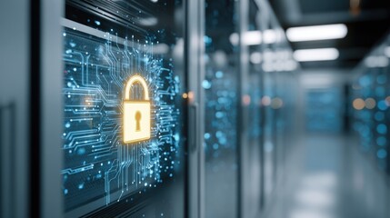 Modern data center with cyber security concepts and digital lock security system.