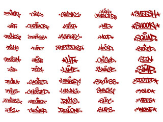 Graffiti tag set of 50 urban slang words in bold red with drip effect on transparent background. Perfect for streetwear, stickers, and youth design themes.