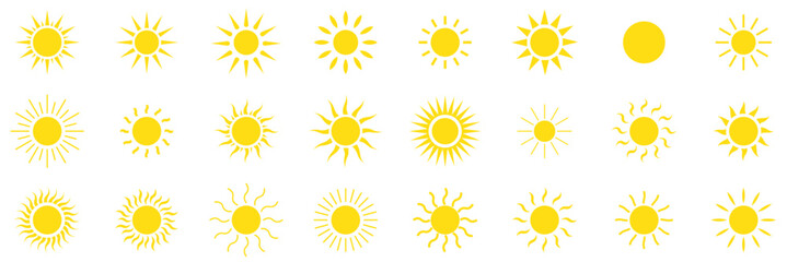 Sun icon set in yellow color on white background. Sun simple icons collection. Yellow sun icon set, sunshine and solar glow, sunrise or sunset. eps 10 