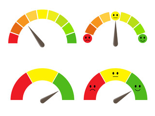 Collection of half-round scales from red to green with arrows and emoticons faces. Illustration on transparent background