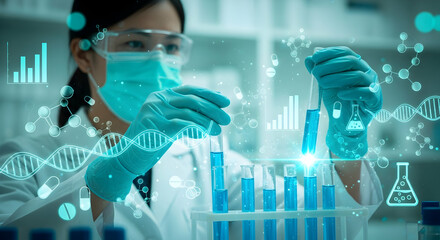 Scientist Researching Vaccine Development in Modern Laboratory with Digital Overlays