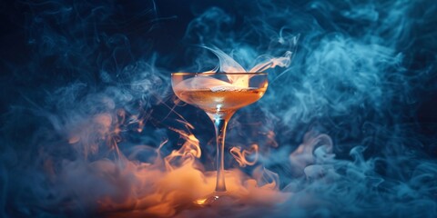 A vintage champagne glass with a smoking drink sits in a smoky atmosphere