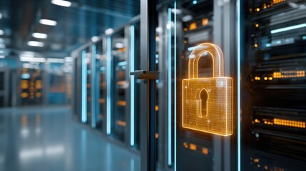 Modern data center with secure locking system and illuminated server racks.