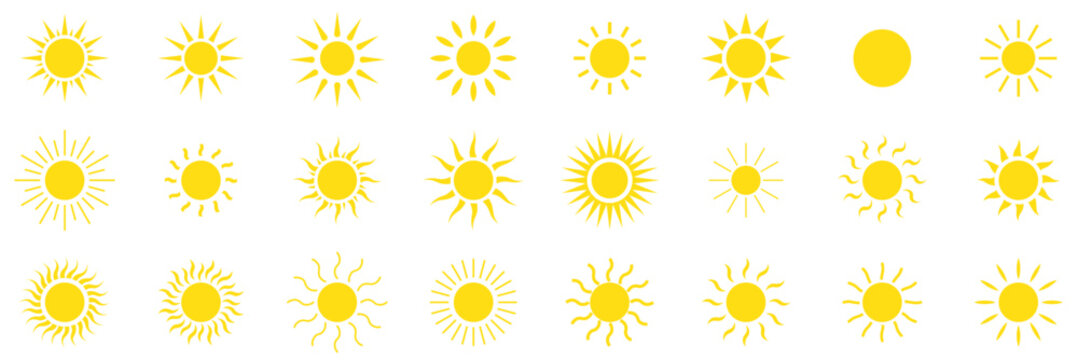 Sun icon set in yellow color on white background. Sun simple icons collection. Yellow sun icon set, sunshine and solar glow, sunrise or sunset. eps 10 