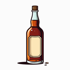 Elegant Cartoon Style Illustration of a Glass Bottle Filled with Amber Liquid, Perfect for Beverage or Liquor Branding
