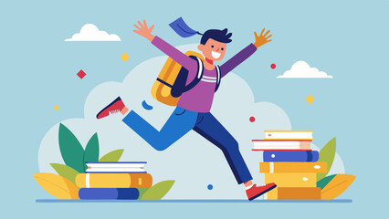 Playground joy exploration school bus drawing Student jumping with stack books and