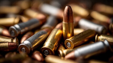 Assorted ammunition cartridges arranged on a textured surface in a close-up view emphasizing metallic finishes