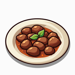 Illustration of a Plate of Meatballs in Sauce with Basil Garnish, Cartoon Style
