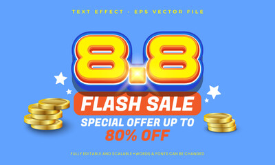 Special Template 8.8 Flash Sale shopping, 8th, 8th month, with editable 3D number eight text, Flash Sale Campaign, special offer up to 80% off
