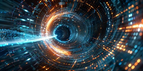 Obraz premium A swirling vortex of blue and orange lights creates an abstract tunnel effect