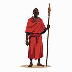 Full Body Illustration of a Maasai Warrior Holding a Spear with Traditional Red Clothing