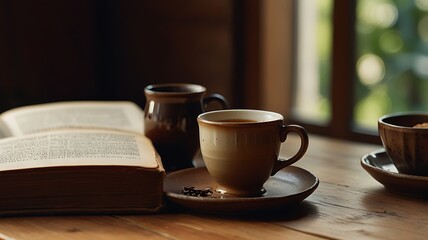 Fototapeta premium Vintage Coffee Mug Beside an Open Book on Wooden Table
