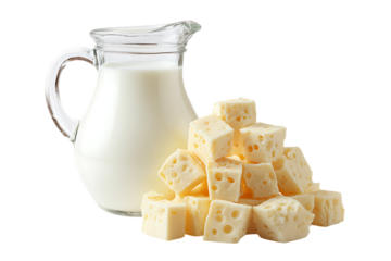 Glass pitcher filled with milk next to a pile of swiss cheese cubes isolated on transparent background