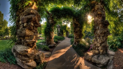 Scenic stone archway pathway in lush greenery with sunlight filtering through trees.