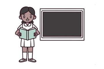Student at the Blackboard: A student stands confidently, clutching an open book in one hand, her eyes sparkling with knowledge, beside a blackboard in a vibrant classroom.