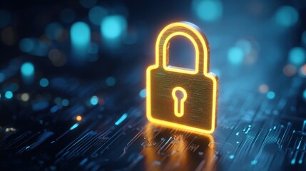 Bright Neon Security Lock Illustration with Digital Circuit Background for Data Protection.