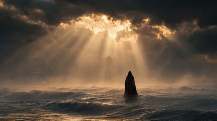 Dramatic ocean scene with light rays breaking through dark stormy clouds and a lone figure standing on the shore.