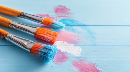 Obraz premium Artistic Paintbrushes with Bright Colors on Light Blue Wooden Surface for Creativity.