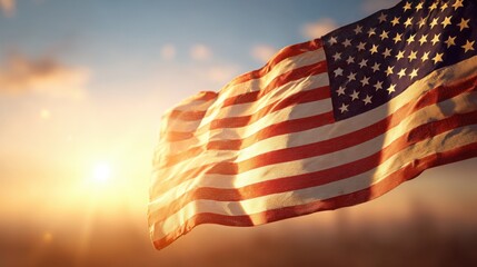 Close-up of American flag waving in sunset with vibrant sky and warm light.