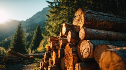 Scenic landscape with stacked logs in a forest near mountains during sunset light.