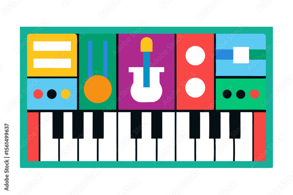 Poster colorful abstract synthesizer with piano keys and control buttons