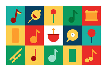 Colorful grid of musical notes and toys with a retro flat design