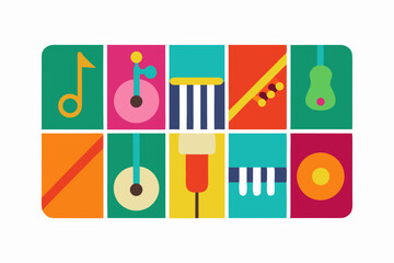 Colorful geometric icons representing various musical instruments and symbols
