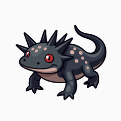 Cartoon Illustration of a Spiky Black Newt with Red Eyes on a White Background