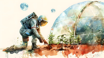 watercolor painting style Martian botanist