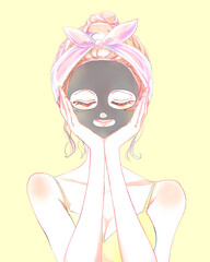 パックをする女性　黒色　お団子頭