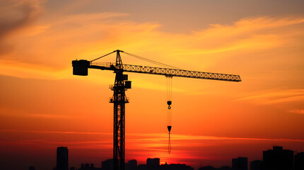 Construction crane silhouetted against a vibrant sunset over city skyline