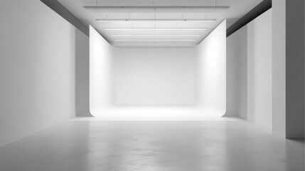 Fototapeta premium Modern Empty White Studio Room with Smooth Walls and Polished Floor Ideal for or Filmmaking Projects