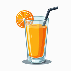 Refreshing Orange Juice in a Glass with Straw and Orange Slice, Cartoon Style Illustration