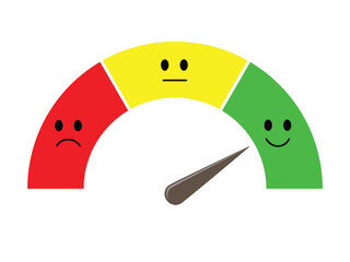 Half-round scale from unhappy red face to green happy face with pointer. Vector illustration isolated on white background