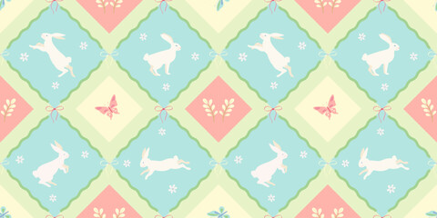 Sweet seamless vector pattern with white rabbits, butterflies, flowers, and ribbons in pastel diamond tiles. Ideal for kids' textiles, nursery decor, wrapping, and spring themes.