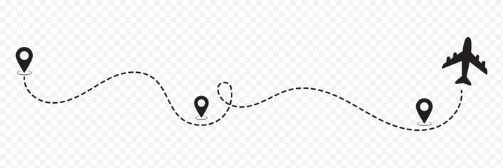 Airplane line path route travel vector concept. Plane routes dotted paths aircraft travel route start point flight destination black airplane. 